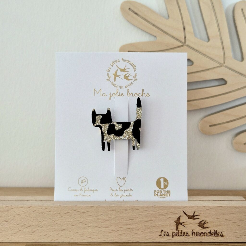 Broche Vintage Années 70 - Chiot Dalmatien En Métal Doré Et Laque Noire - Très Mignonne !